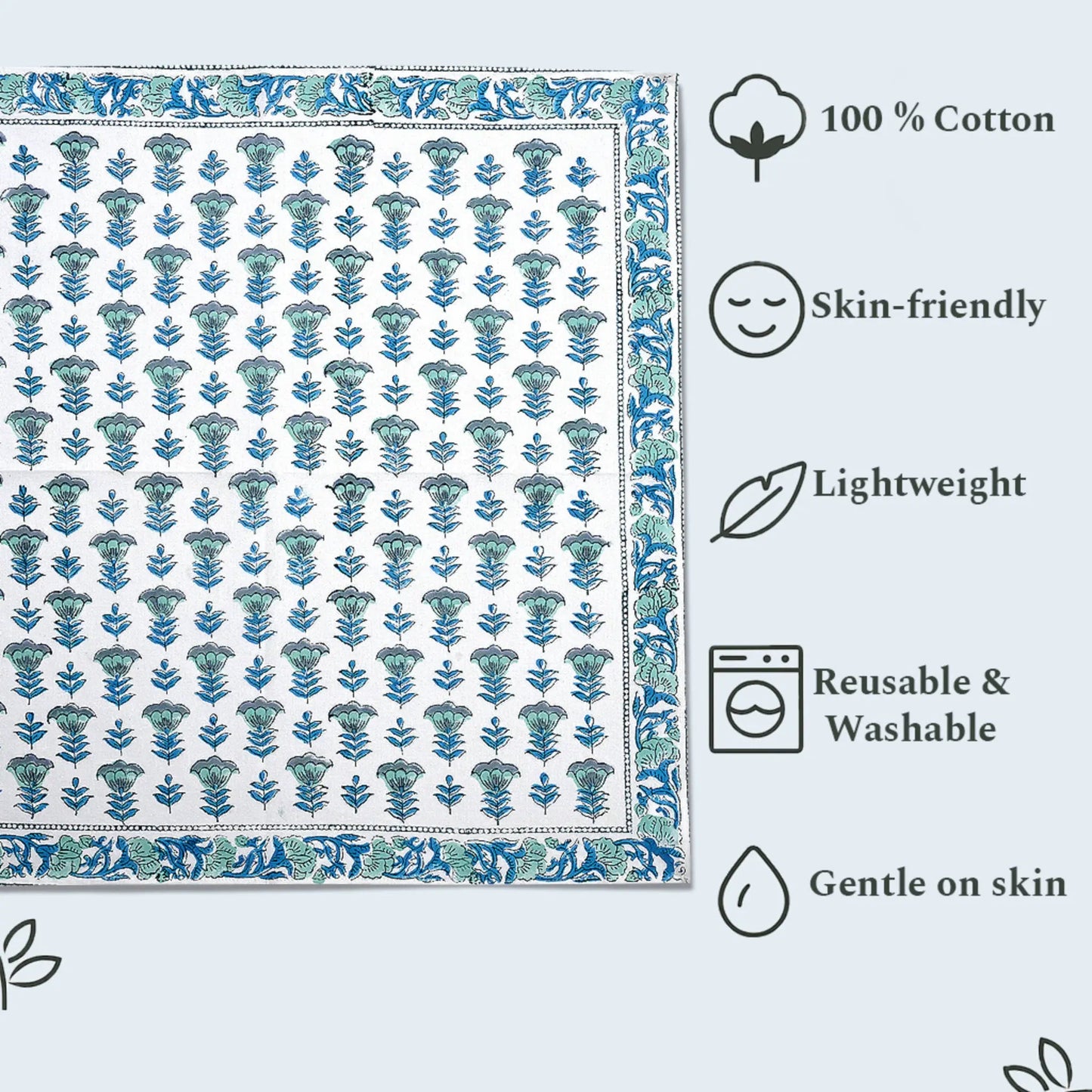 Cotton fabric with blue floral pattern and product features on a light blue background