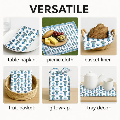 Versatile tableware products including a table napkin, picnic cloth, basket liner, fruit basket, gift wrap, and tray decor with blue leaf pattern.