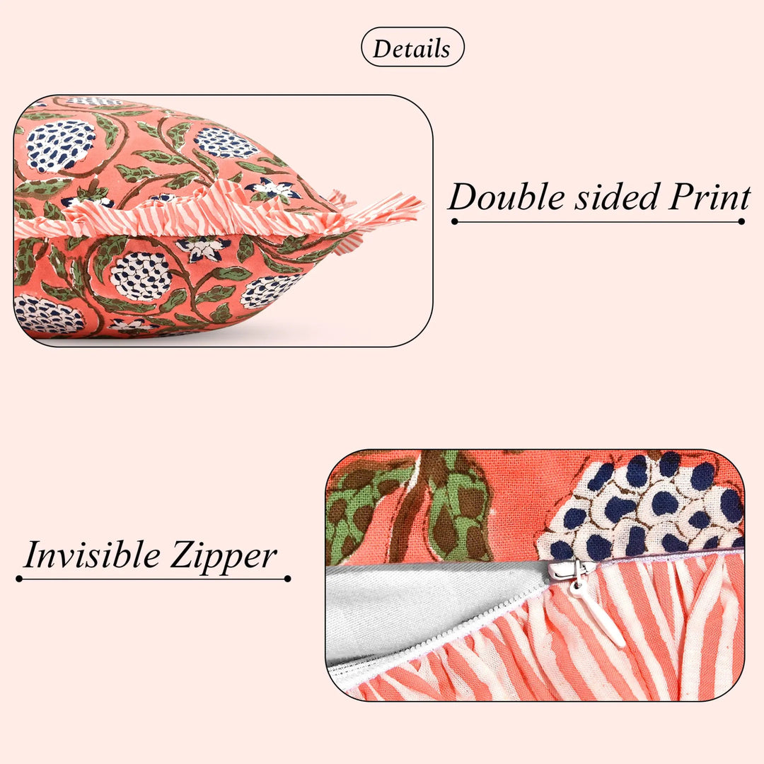 Close-up of cotton pillow cover showing double-sided print and invisible zipper.