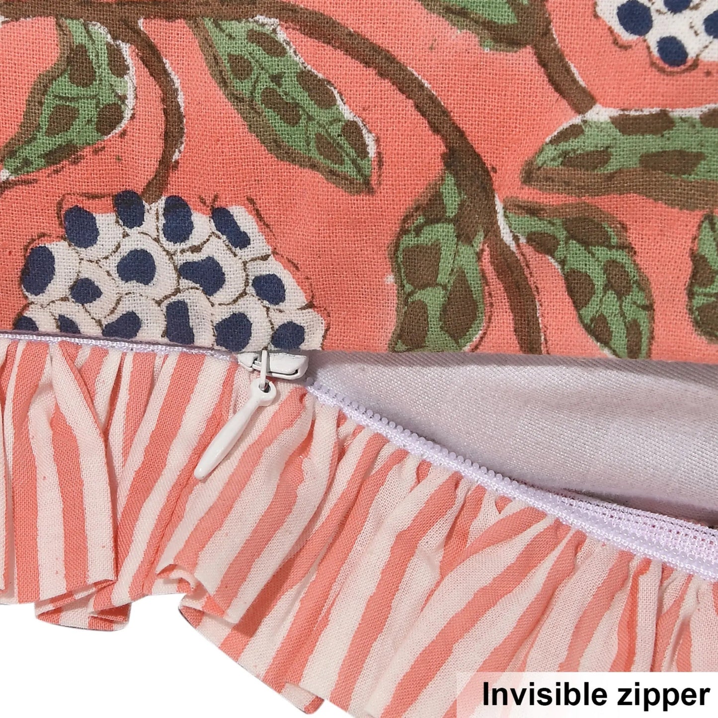 Close-up of a fabric pouch with a floral pattern and an invisible zipper.