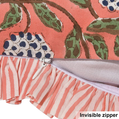 Close-up of a fabric pouch with a floral pattern and an invisible zipper.