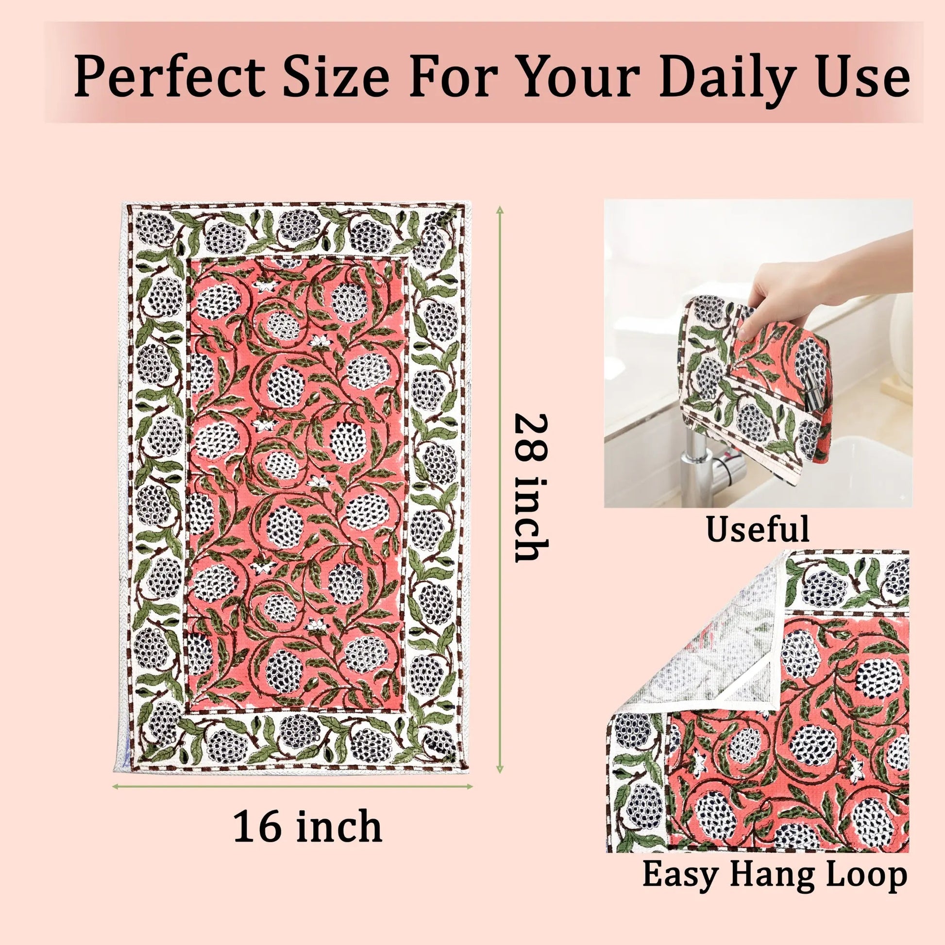 Product with floral design, dimensions labeled, and a hand holding it.