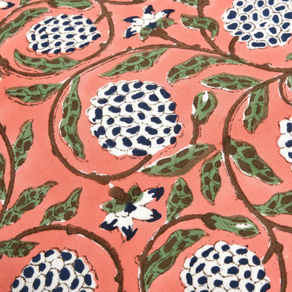 pink floral Indian hand block print cotton fabric pattern close-up.