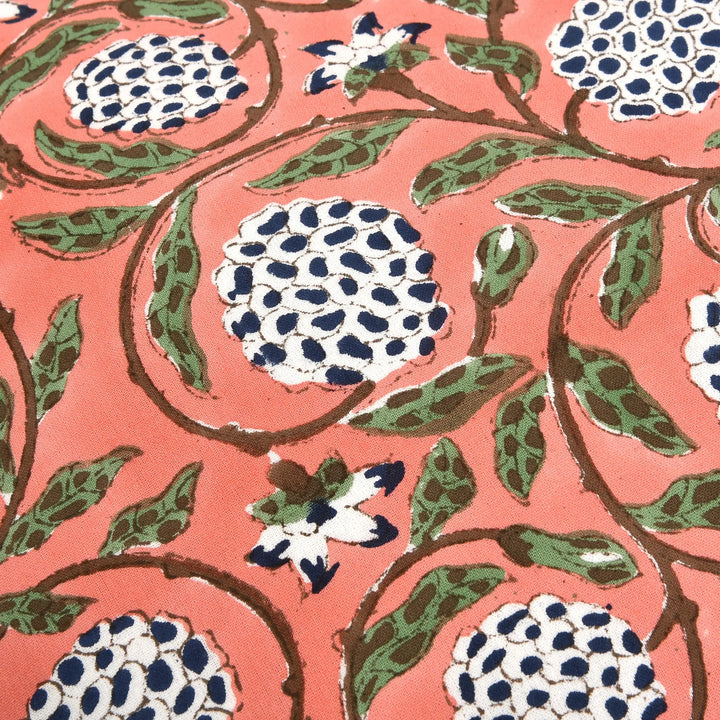 pink floral Indian hand block print cotton fabric pattern close-up.