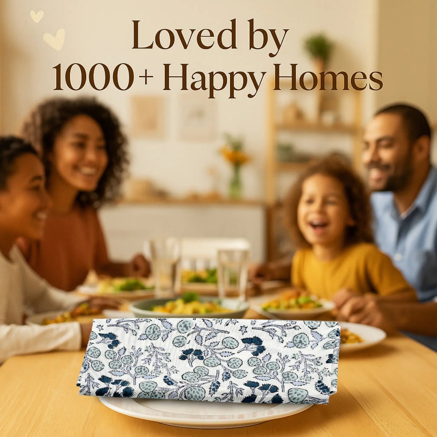 Family enjoying a meal together with a decorative napkin in the foreground.