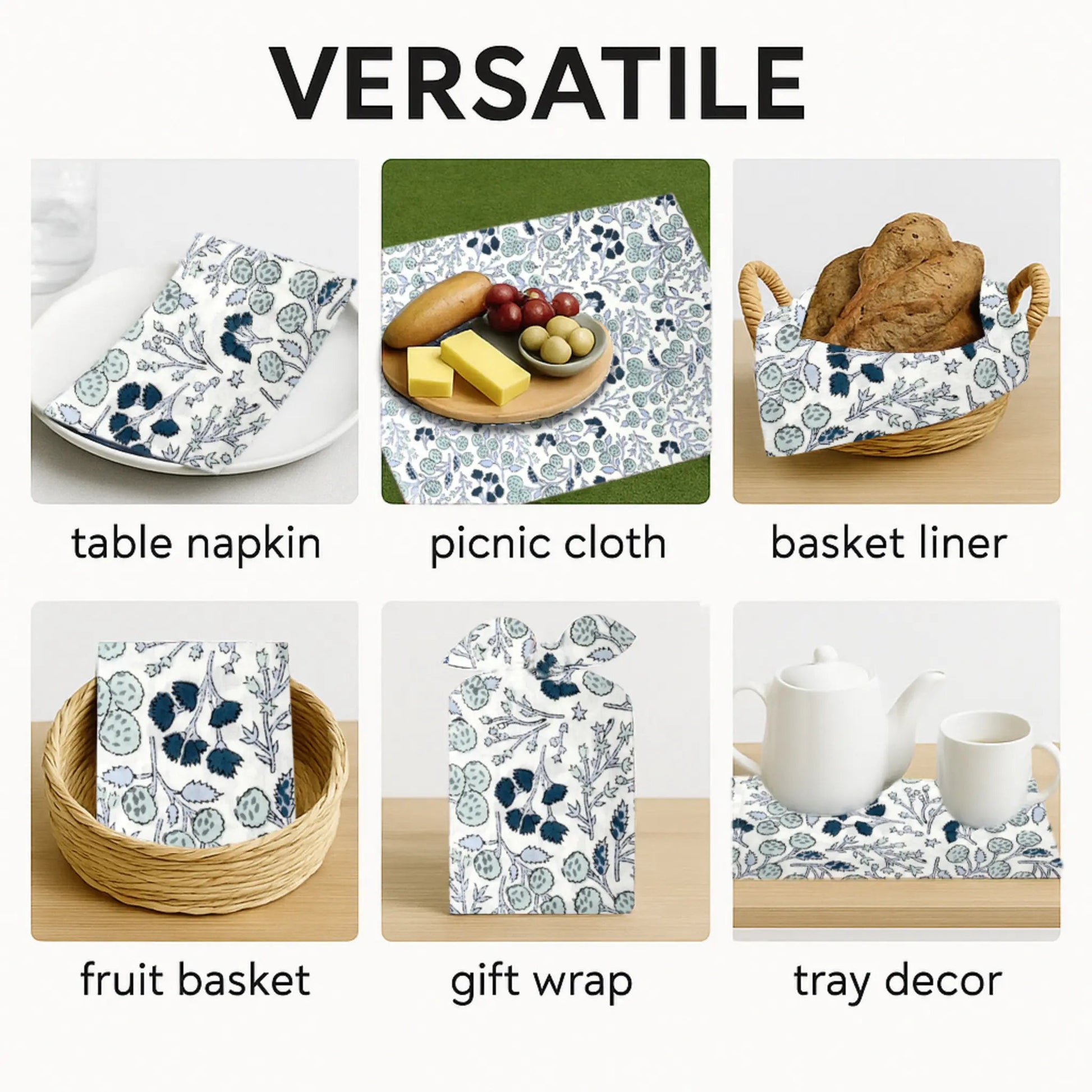 Versatile table accessories including table napkin, picnic cloth, basket liner, fruit basket, gift wrap, and tray decor with floral patterns.