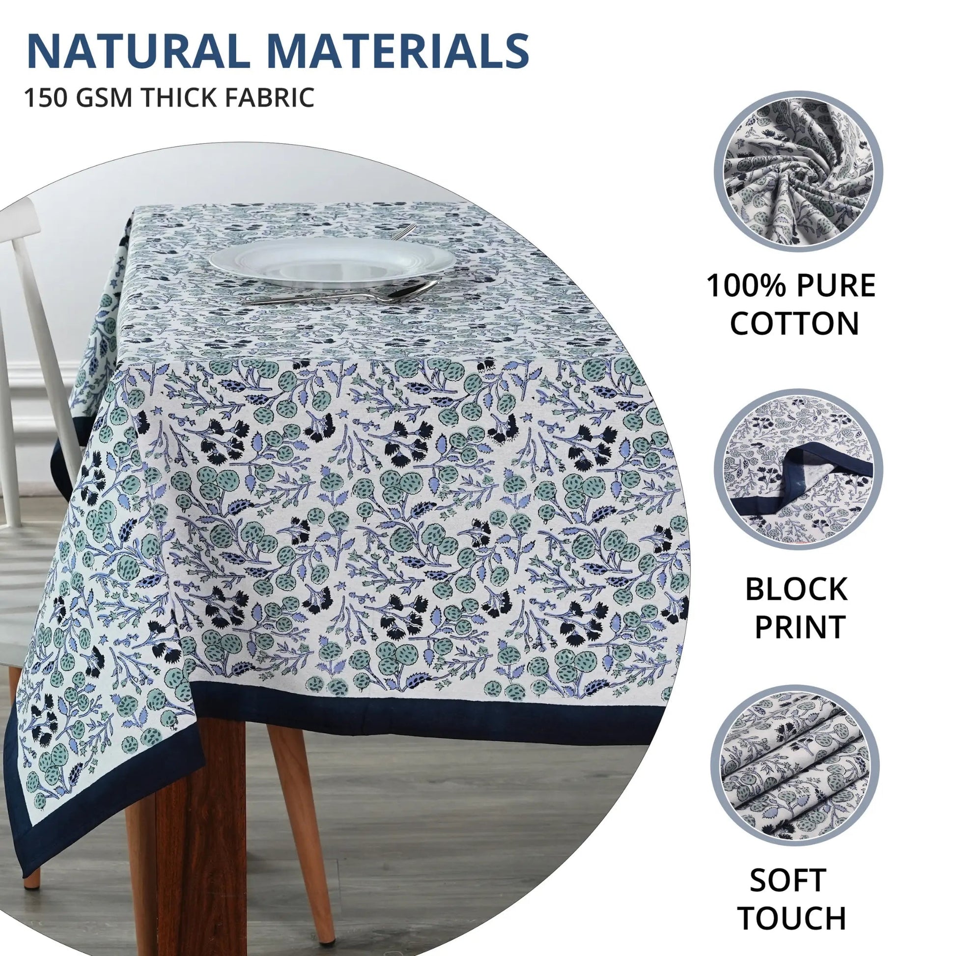 Floral patterned tablecloth on a table with natural materials text and images.