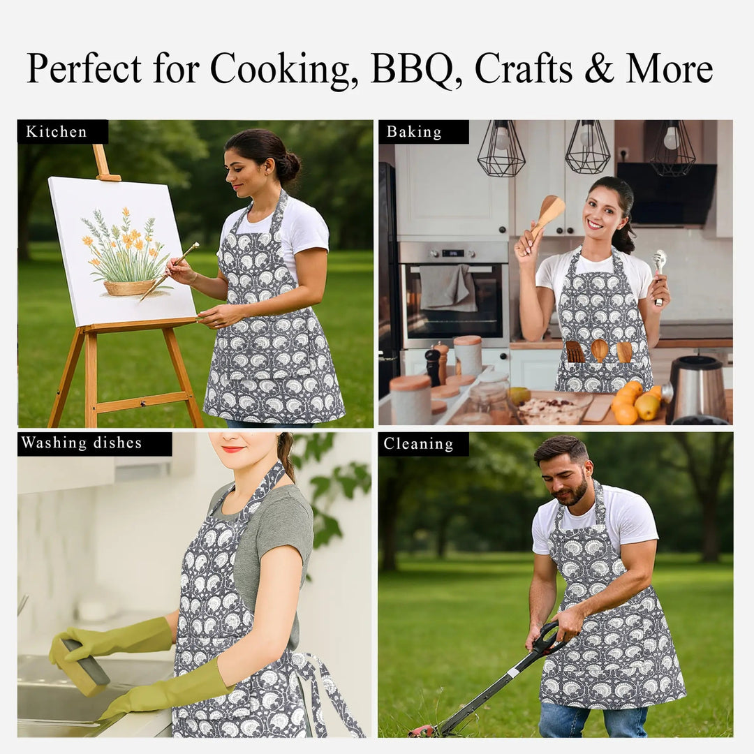 Collage of people wearing aprons in various activities with text &