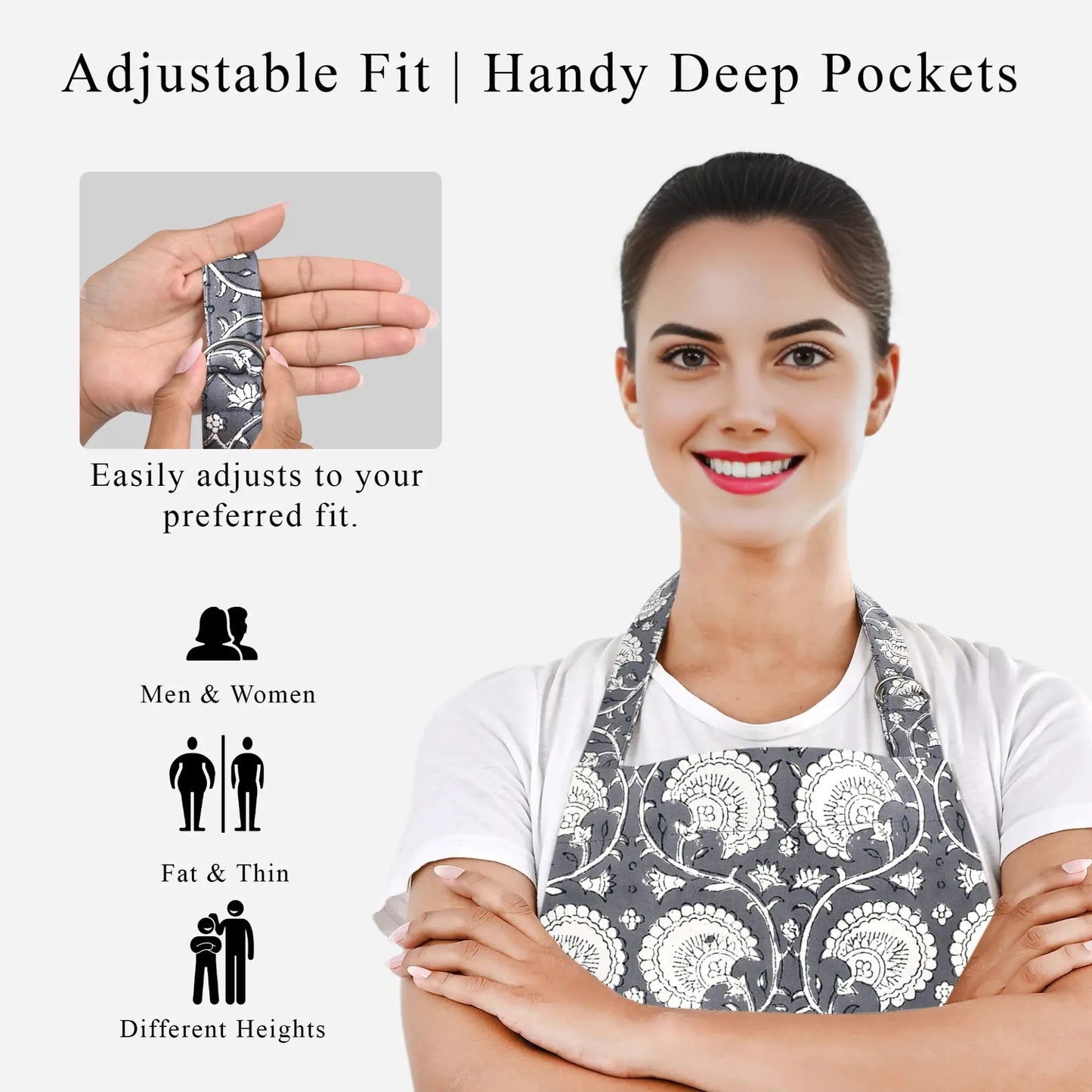 Woman wearing a floral apron with text highlighting adjustable fit and deep pockets.