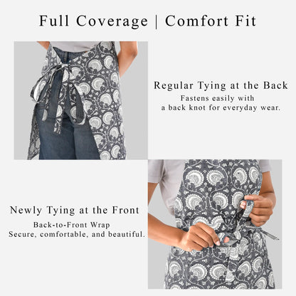 Patterned apron with text describing full coverage and comfort fit features.