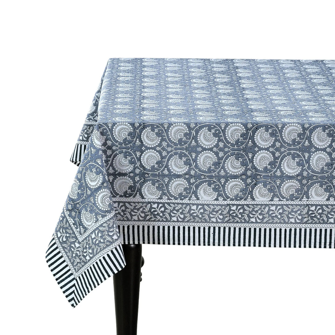 Tablecloth with blue and white pattern on a white background