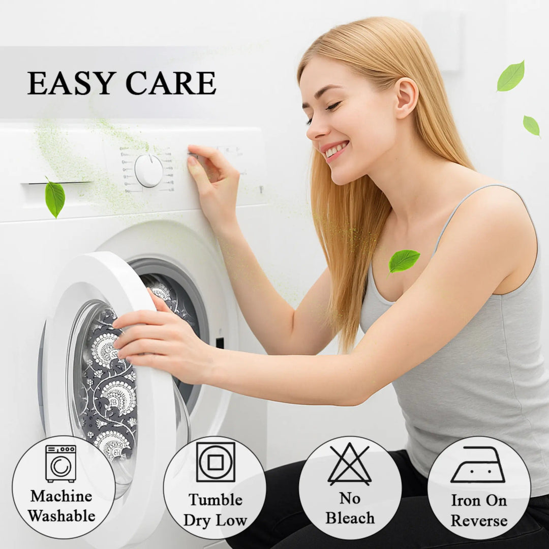 Woman interacting with a washing machine with &