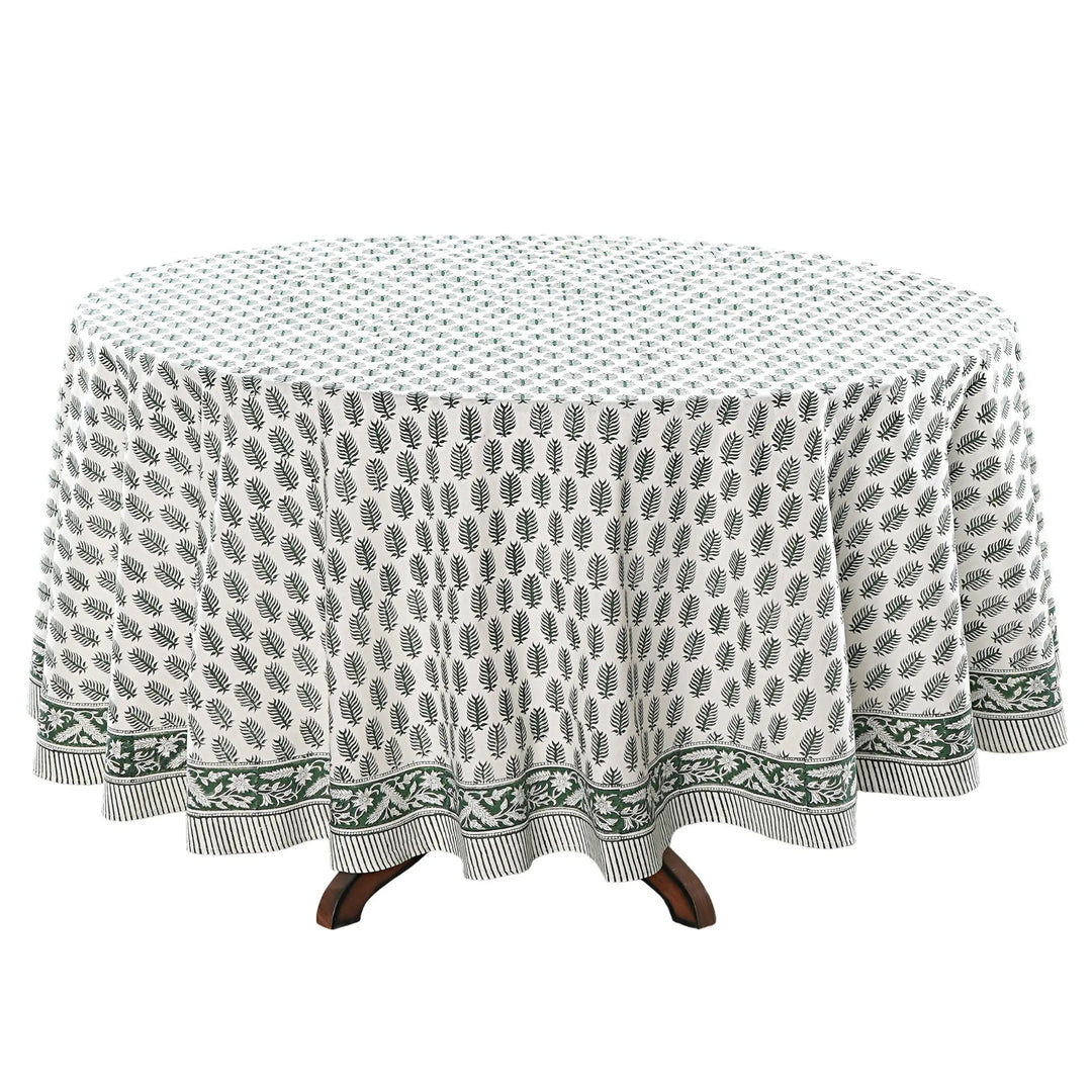Round tablecloth with a leaf pattern on a white background