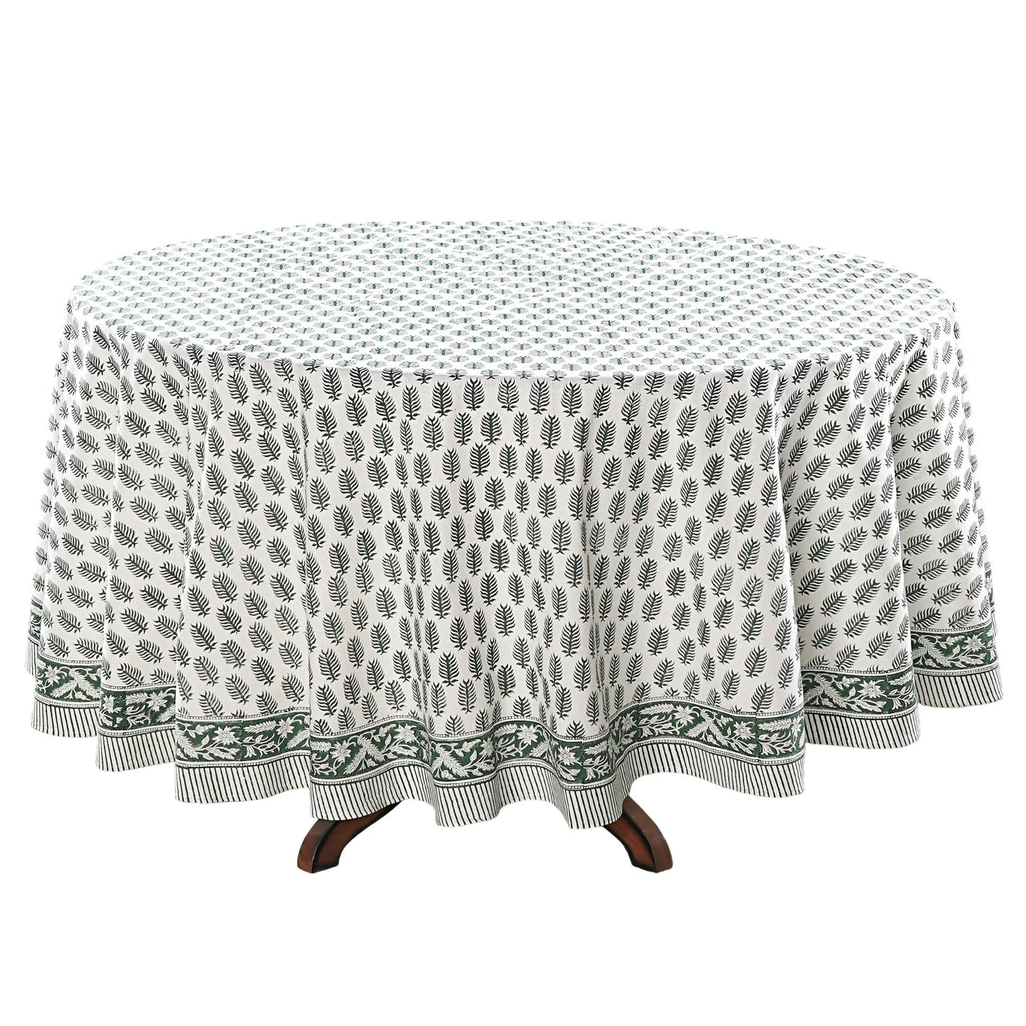 Round tablecloth with a leaf pattern on a white background