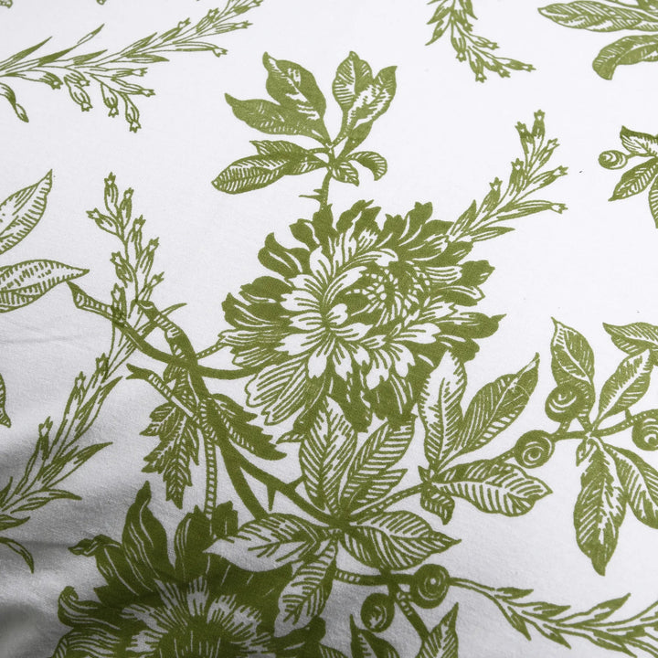 Pattern of green floral and leaf designs on a white background