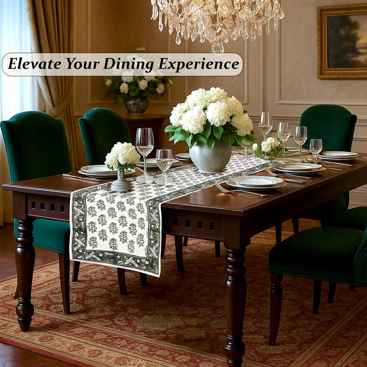 Dining room with a table set for dinner, flowers, and a chandelier.