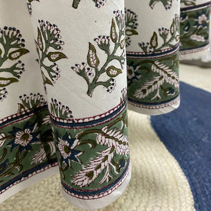 Close-up of patterned fabric with floral and leaf designs on a white background.