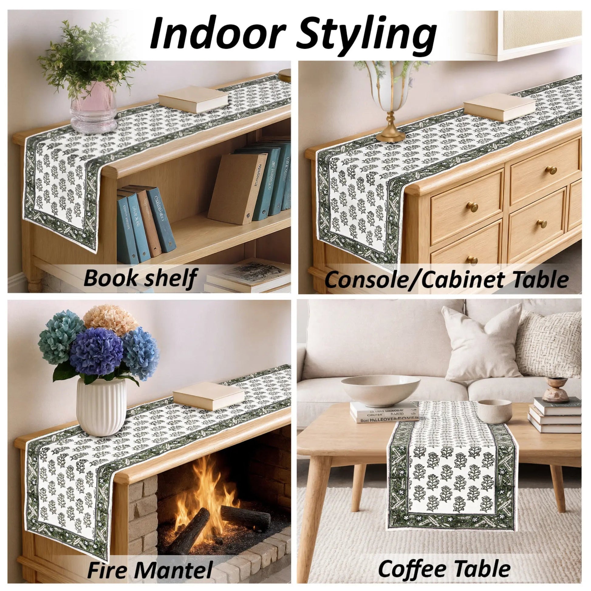 Table runner with floral pattern displayed on various furniture items including a bookshelf, console table, fire mantel, and coffee table.