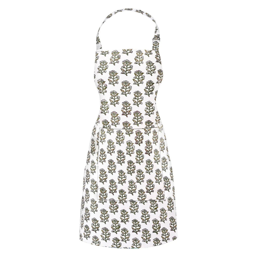 White apron with green floral pattern on a white background