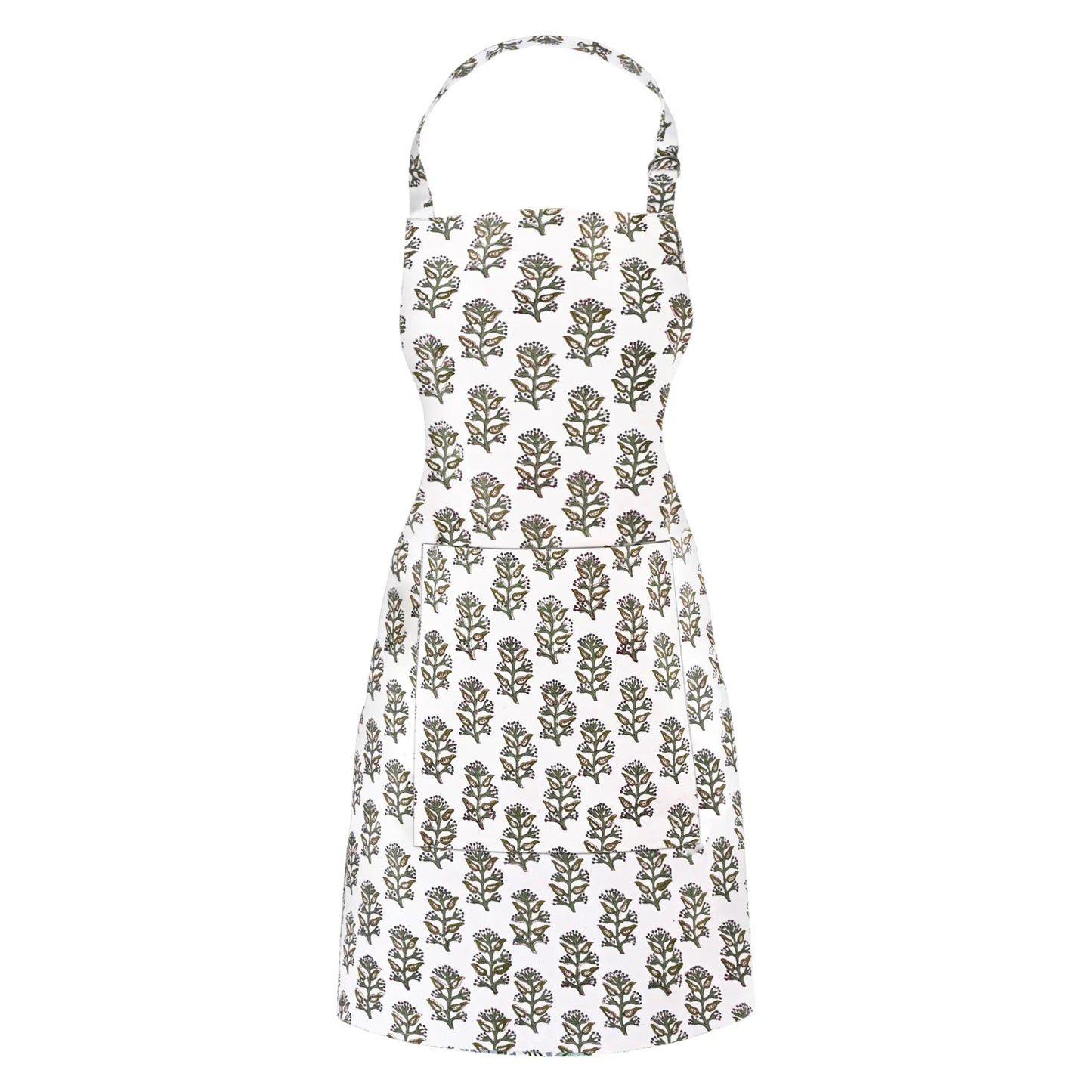 White apron with green floral pattern on a white background