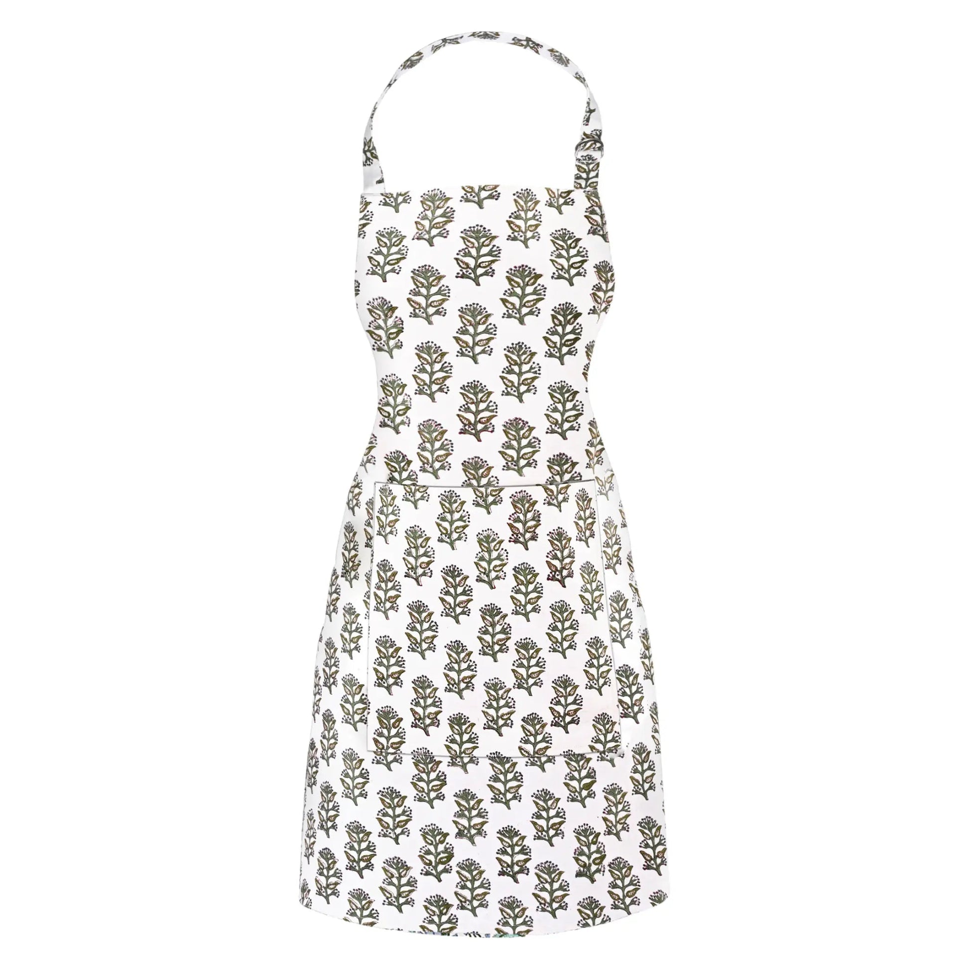 White apron with green floral pattern on a white background