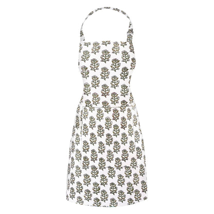 White apron with green floral pattern on a white background