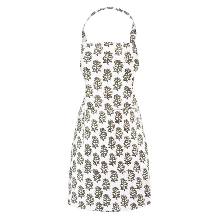 White apron with green floral pattern on a white background