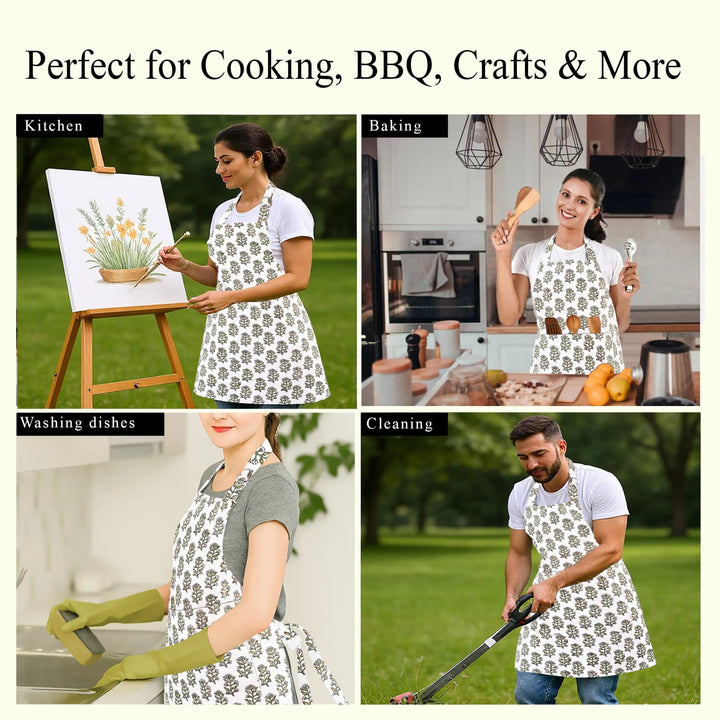 Collage of people wearing aprons in various activities with text &