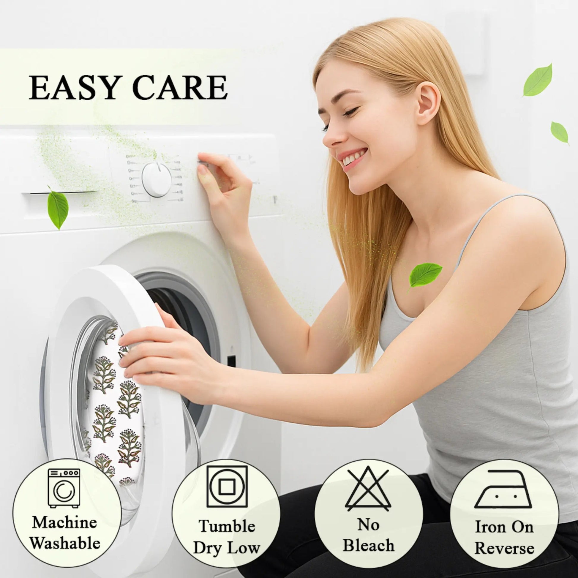Woman interacting with a washing machine with icons indicating care instructions.