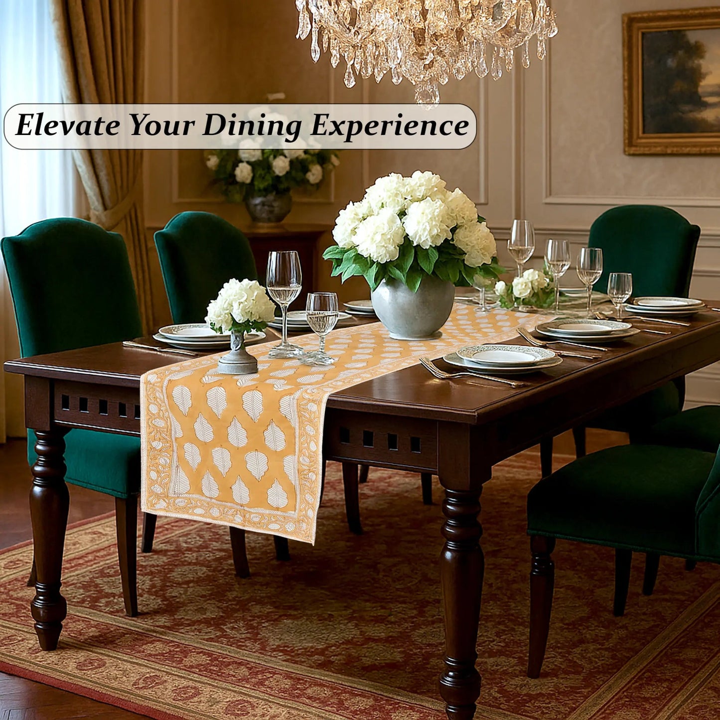 Dining room with a table set for dinner, flowers, and a chandelier.