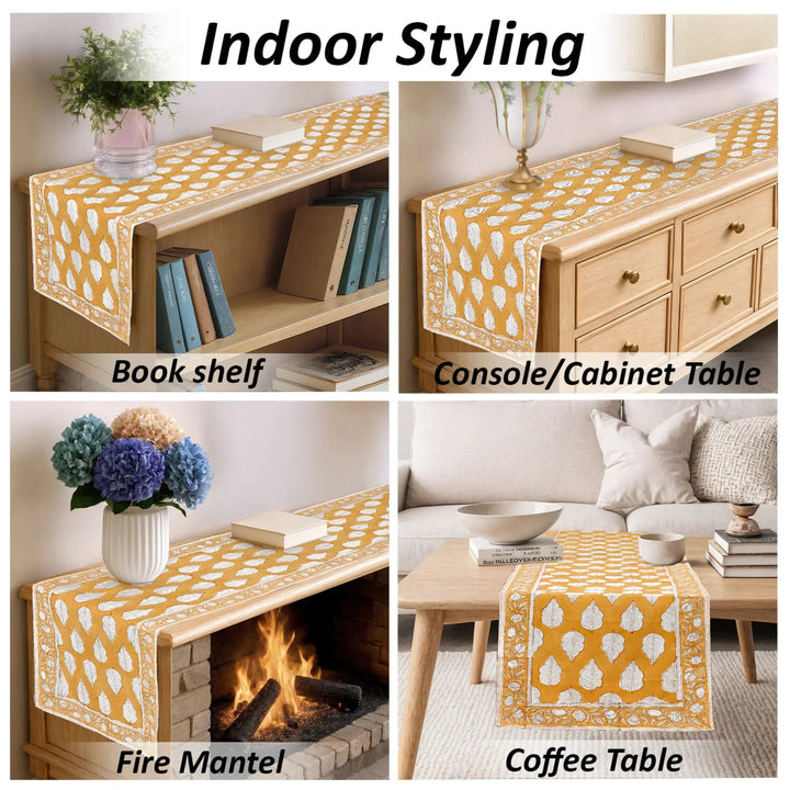 Yellow patterned table runner used on a bookshelf, console cabinet, fire mantel, and coffee table.