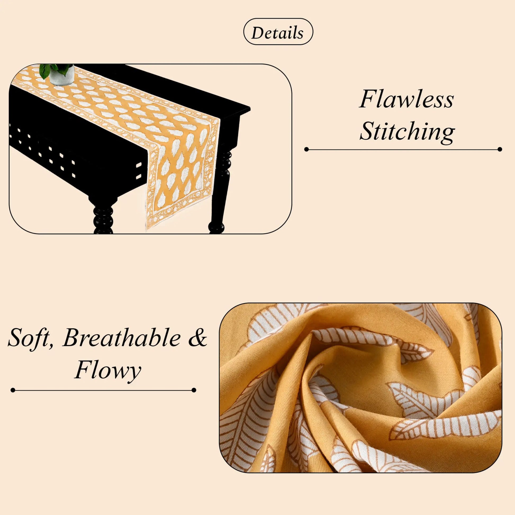 Textured fabric with yellow and white pattern on a beige background, highlighting 'Flawless Stitching' and 'Soft, Breathable & Flowy' qualities.