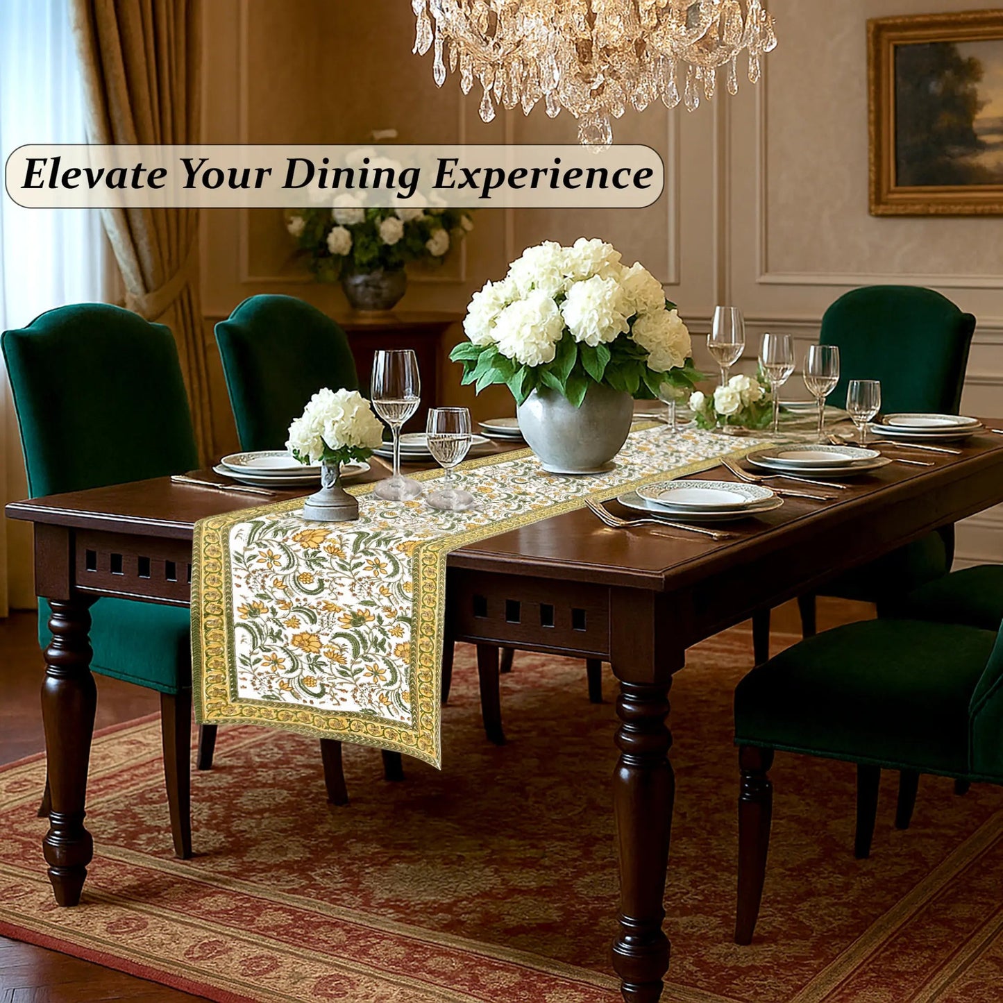 Dining room with a table set for dinner, flowers, and a chandelier.