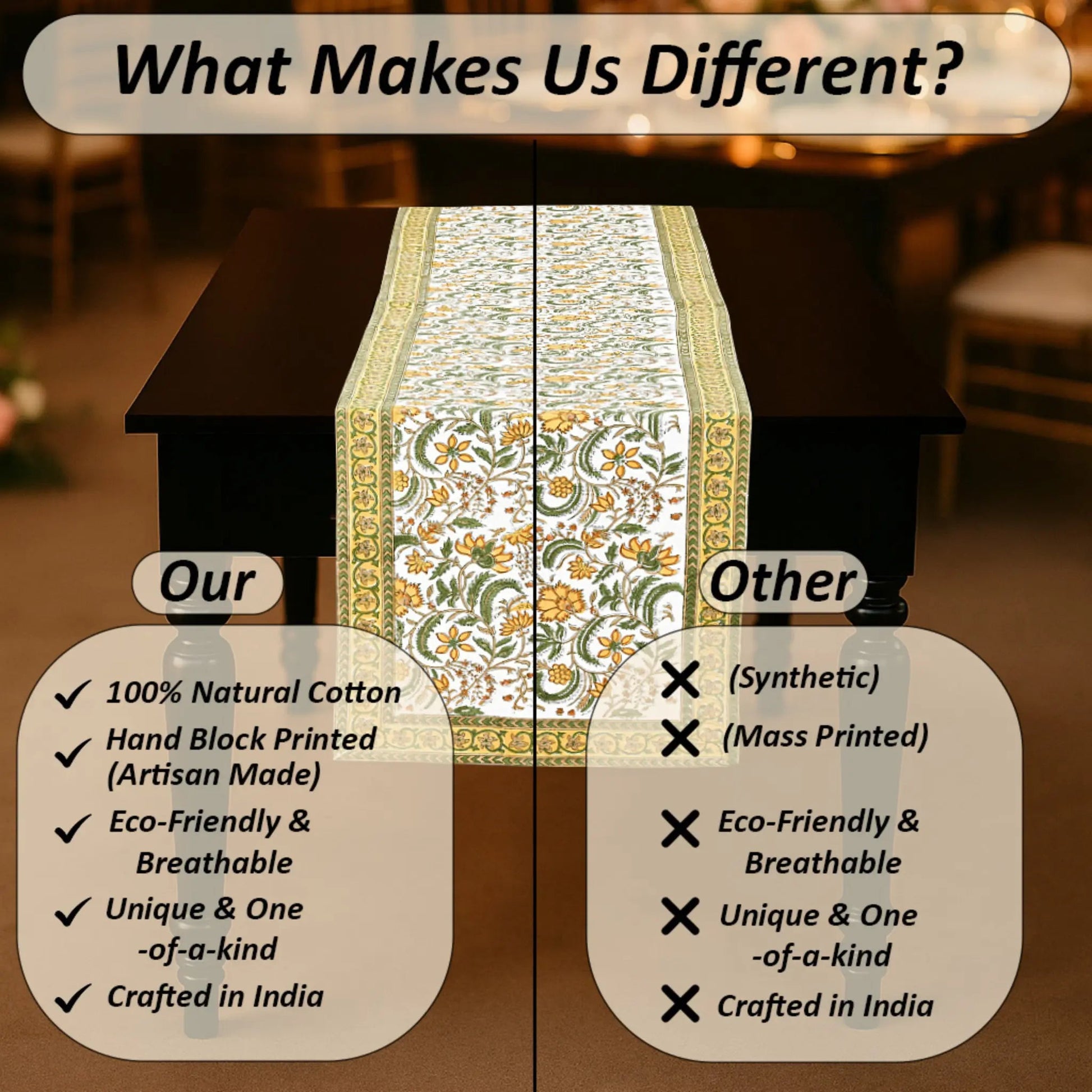 Table runner with text comparing natural cotton products to synthetic ones, set against a blurred indoor background.