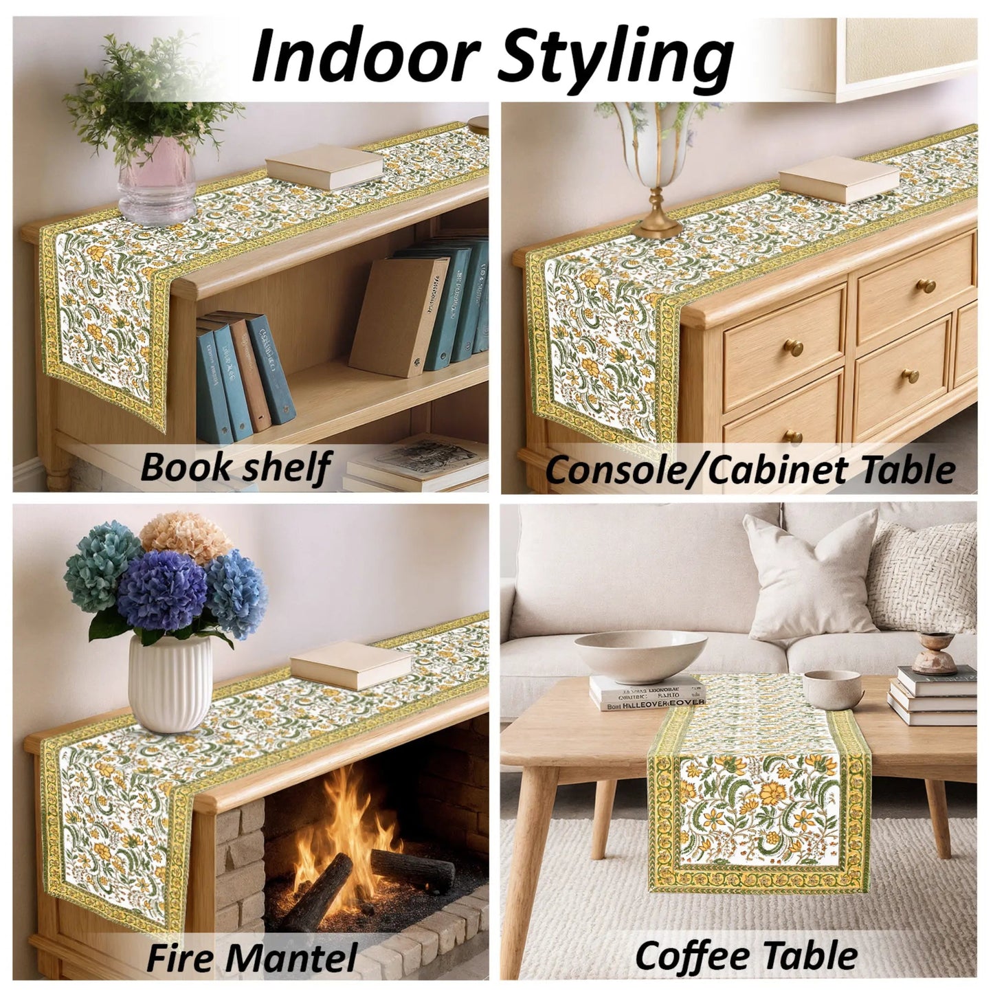 Decorative table runner shown on bookshelf, console cabinet, fire mantel, and coffee table.