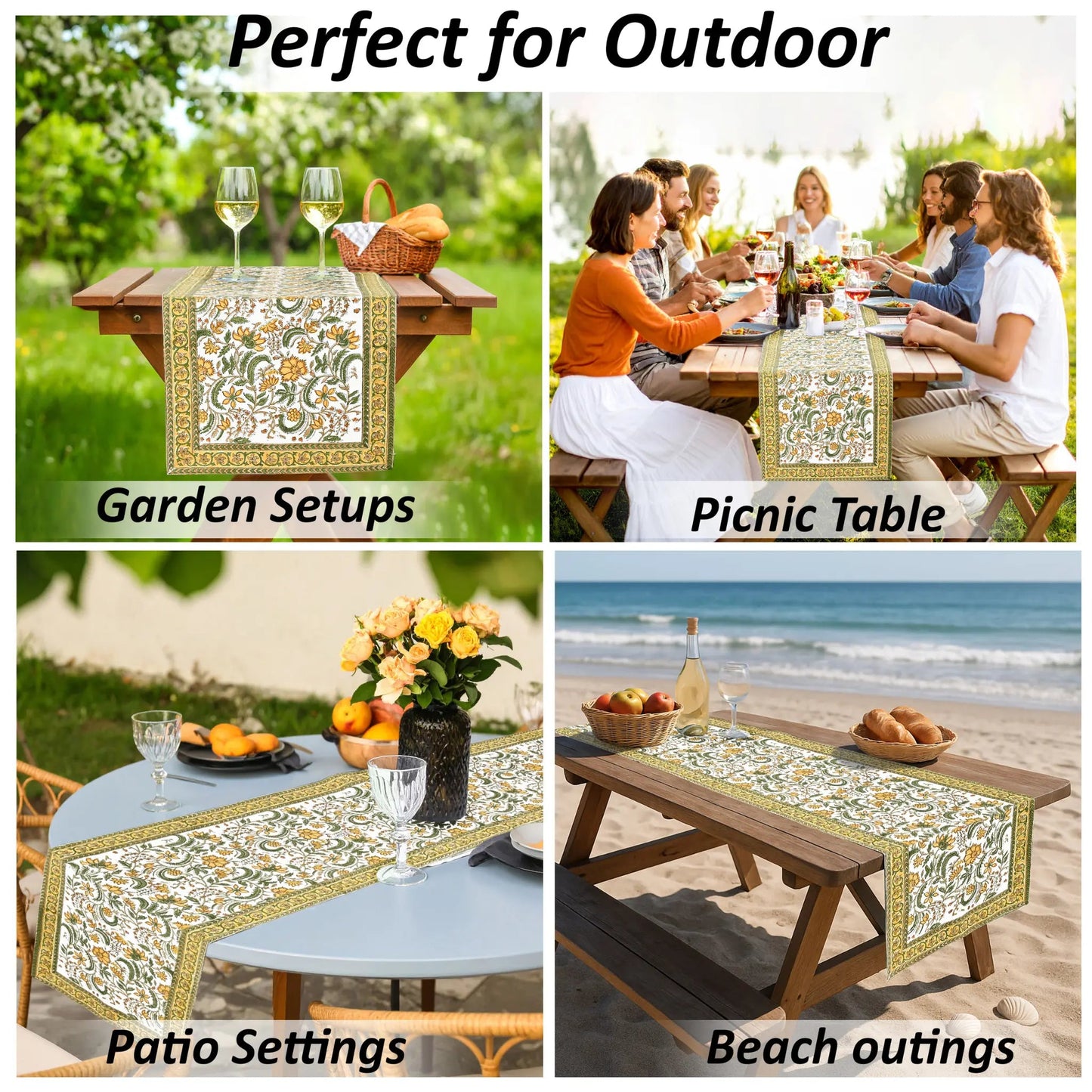 Table runner with floral pattern used in various outdoor settings including garden, picnic, patio, and beach.