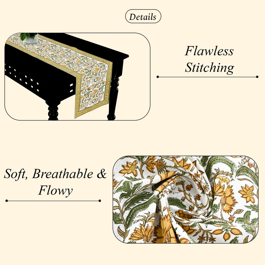 Decorative table runner with floral pattern on a table, labeled &