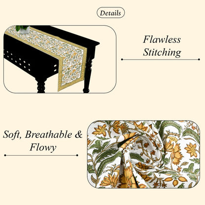 Decorative table runner with floral pattern on a table, labeled 'Flawless Stitching' and 'Soft, Breathable & Flowy'.