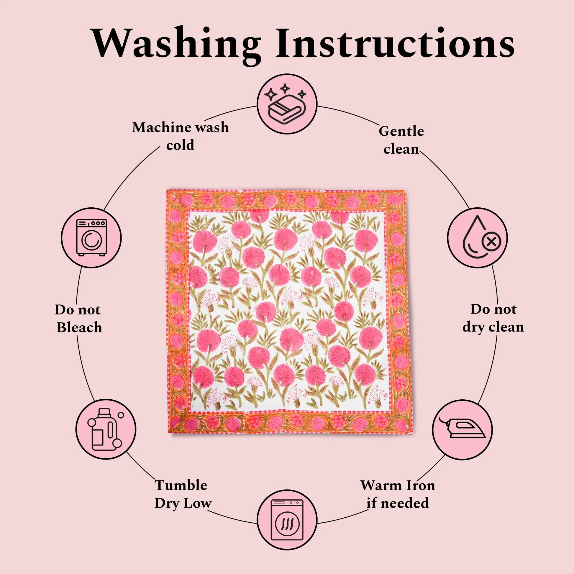 Washing instructions for a floral fabric on a pink background