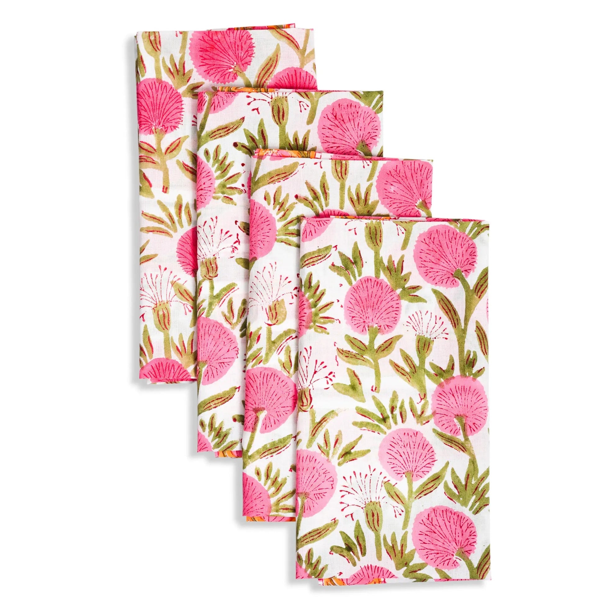 Set of four floral patterned napkins on a white background