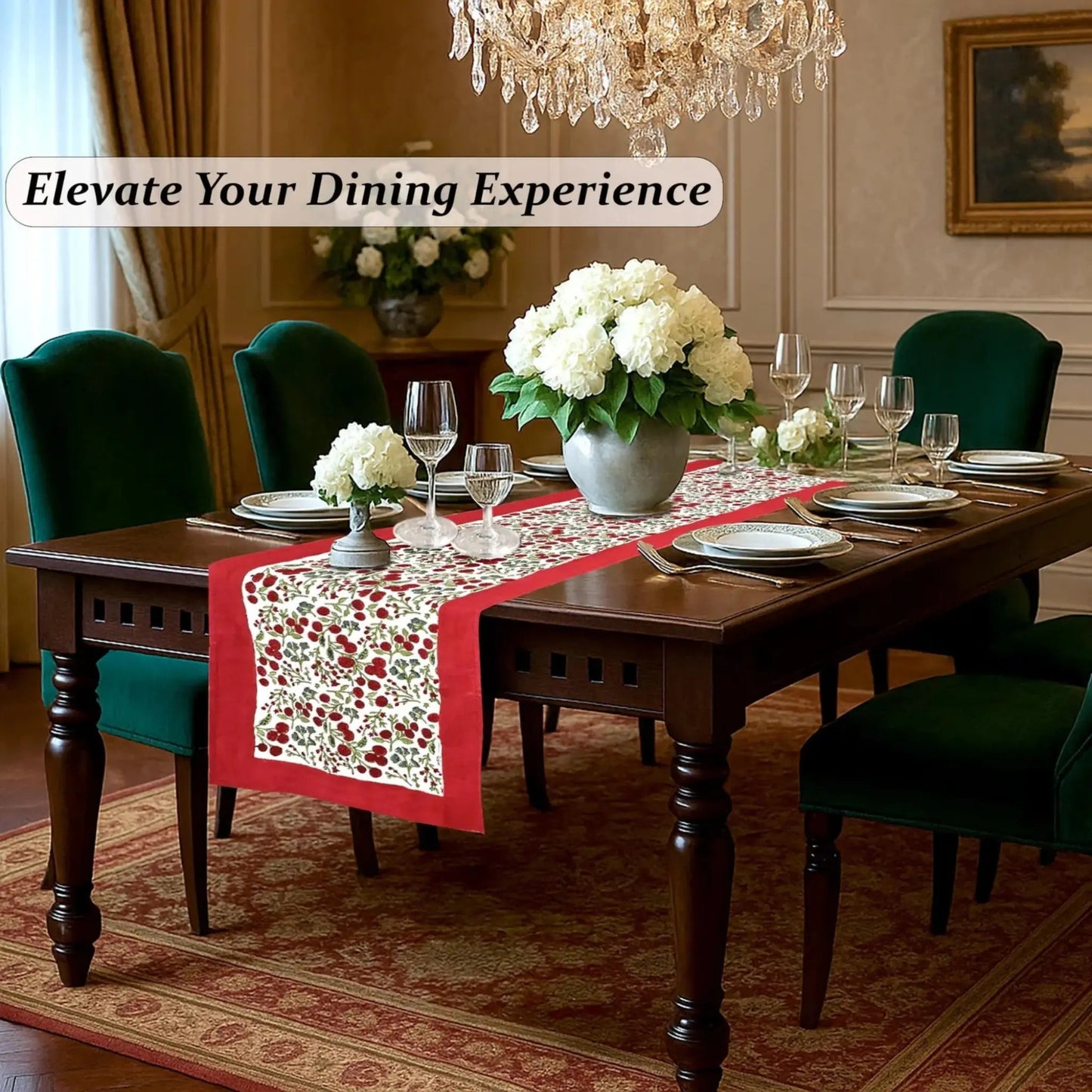 Dining room with a set table, floral centerpieces, and a chandelier.
