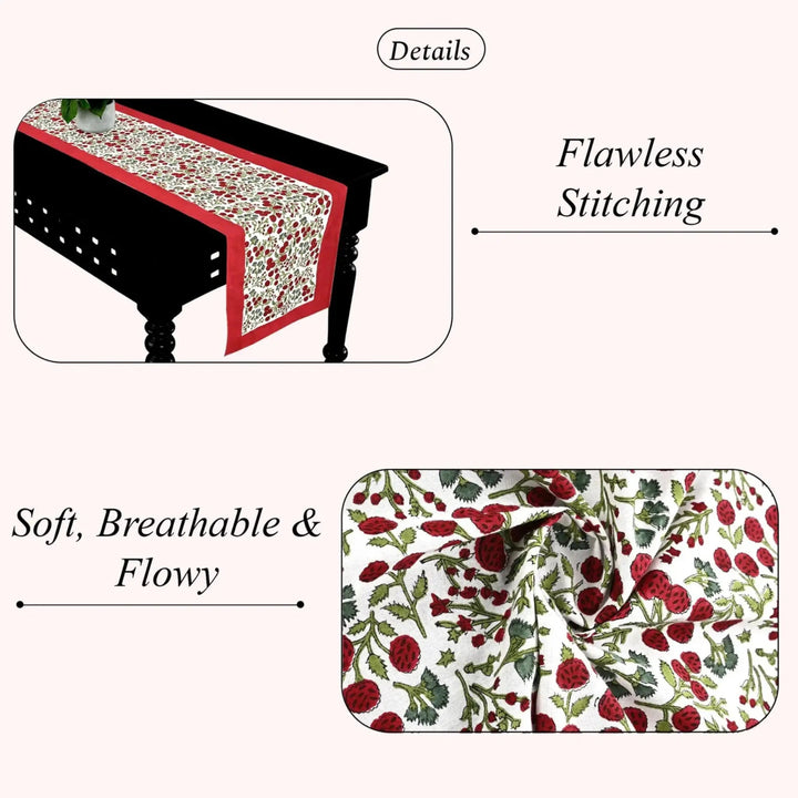 Table runner with floral pattern on a table, highlighting &