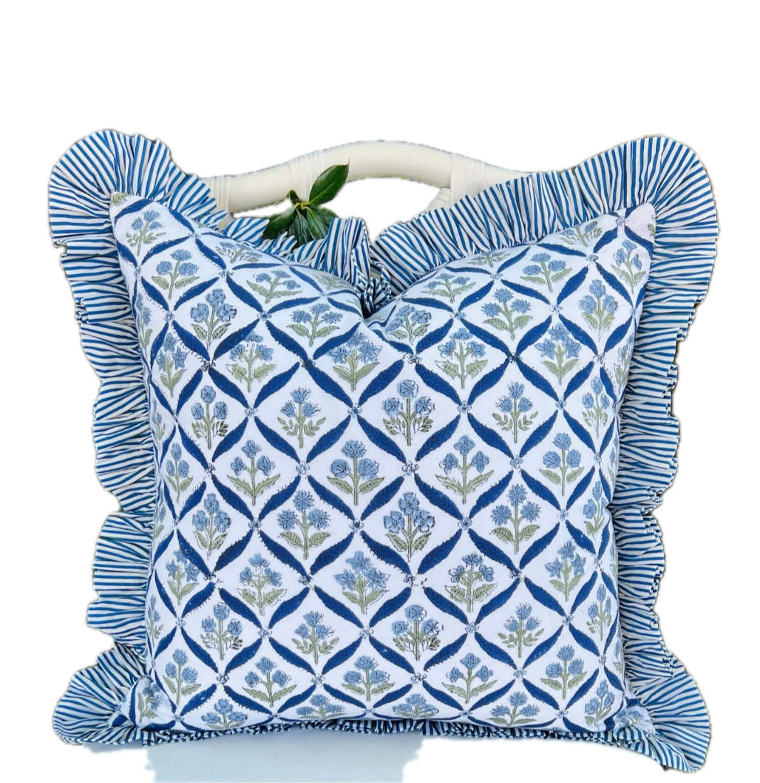 Cotton Printed Ruffled Pillow Case - 20x20- Steel Blue