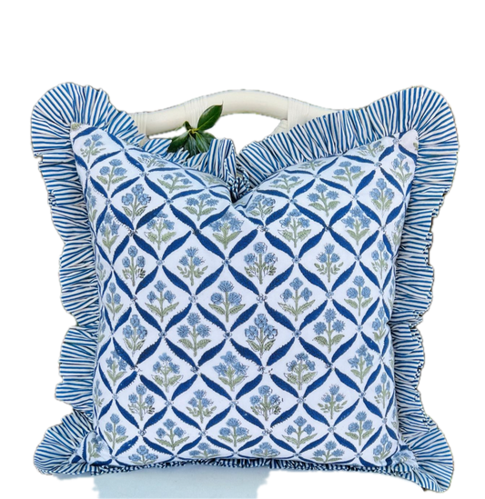 Cotton Printed Ruffled Pillow Case - 20x20- Steel Blue