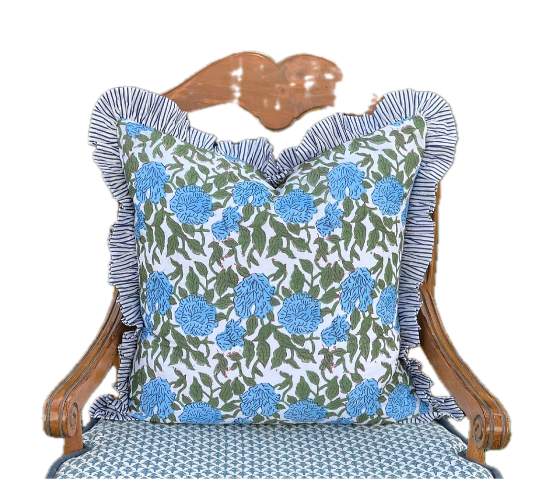 Cotton Printed Ruffled Pillow Case - 22x22 Ocean Blue