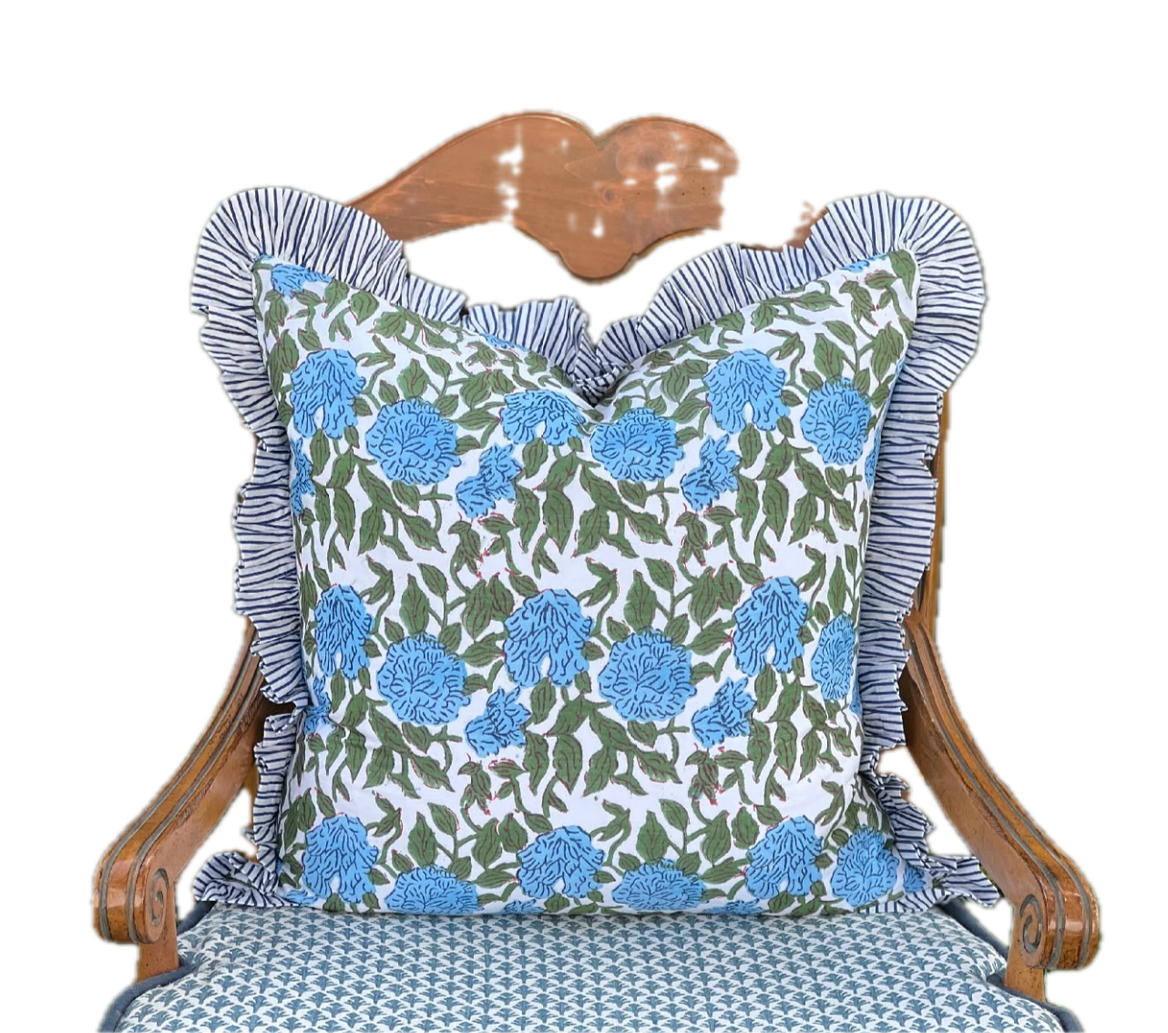 Cotton Printed Ruffled Pillow Case - 22x22 Ocean Blue