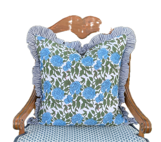Cotton Printed Ruffled Pillow Case - 22x22 Ocean Blue