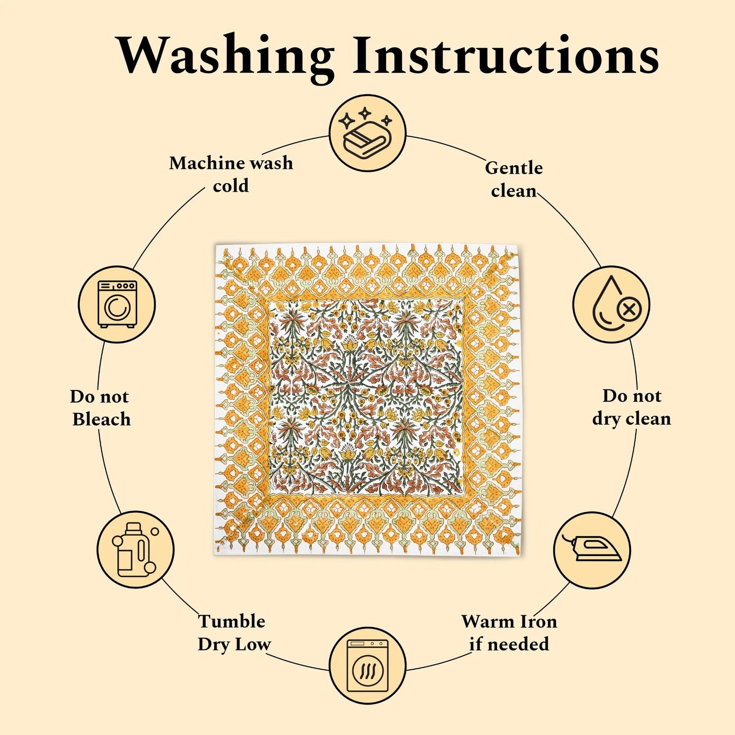 Washing instructions for a fabric product with icons and text on a beige background