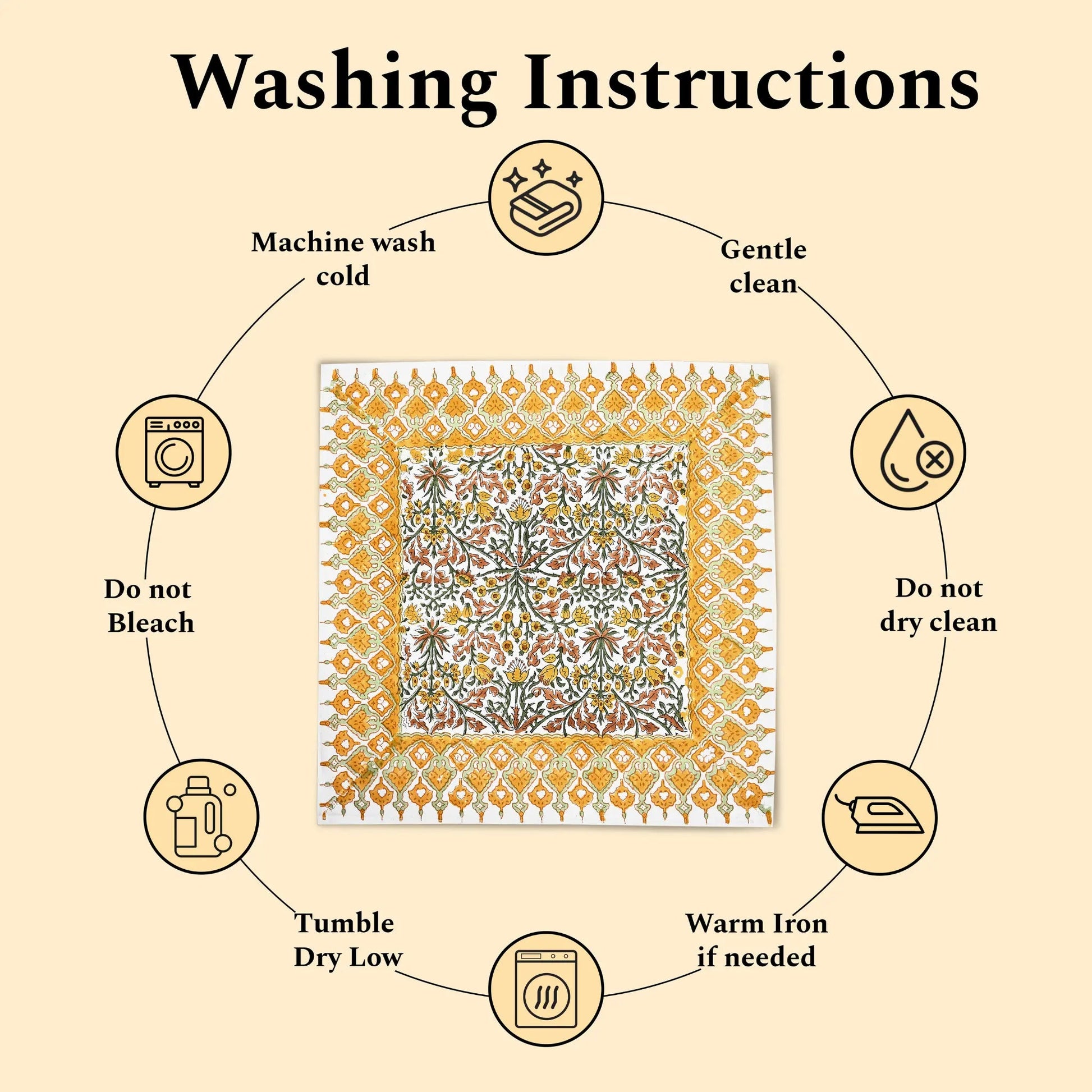 Washing instructions for a fabric product with icons and text on a beige background