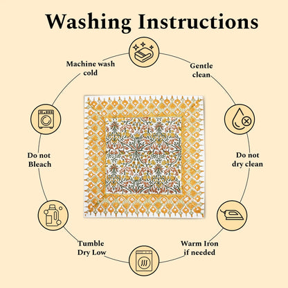 Washing instructions for a fabric product with icons and text on a beige background